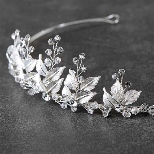Tiara with Crystals and Hand Painted Matte Silver Leaves - NY Gift Boutique