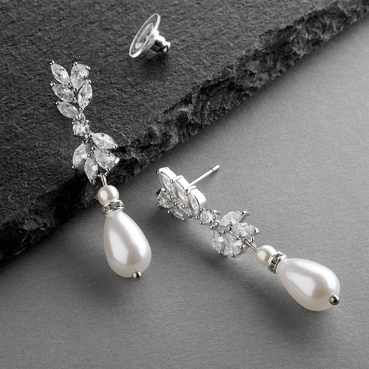 Cubic Zirconia and Teardrop Pearl Designer Bridal Earrings