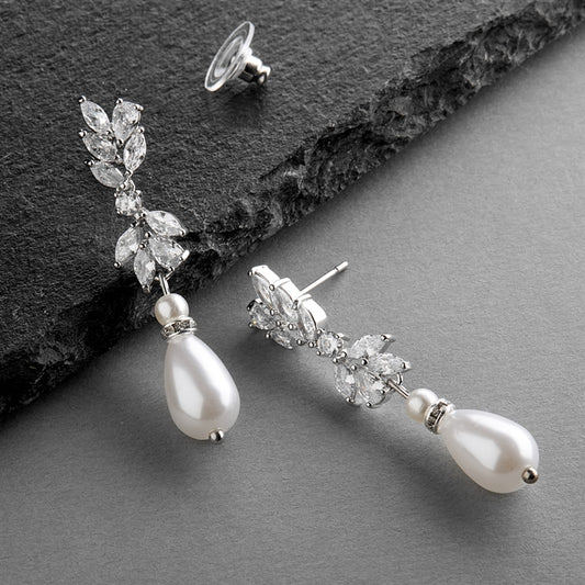Cubic Zirconia and Teardrop Pearl Designer Bridal Earrings
