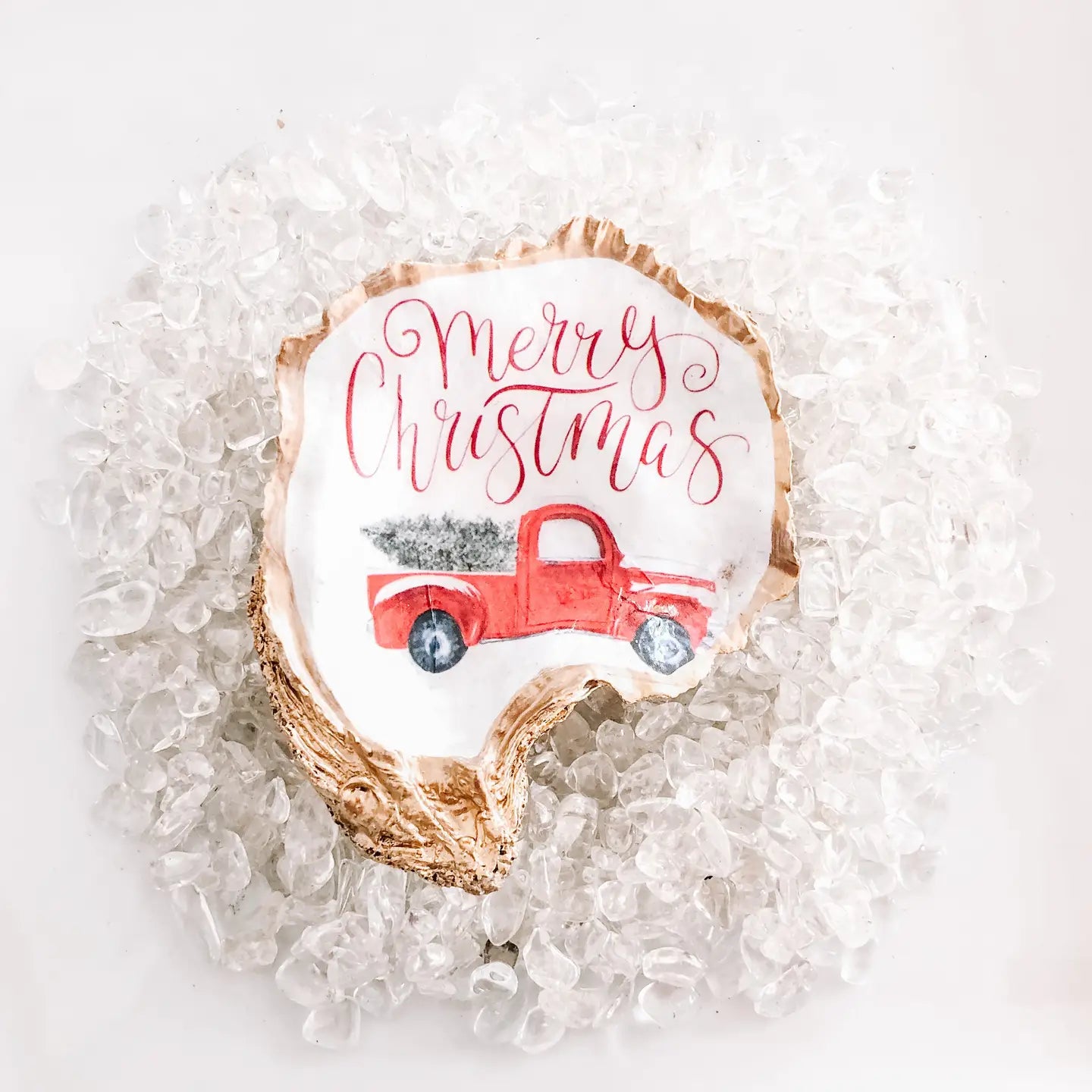 Vintage Red Christmas Truck Oyster Shell Ornament or Dish
