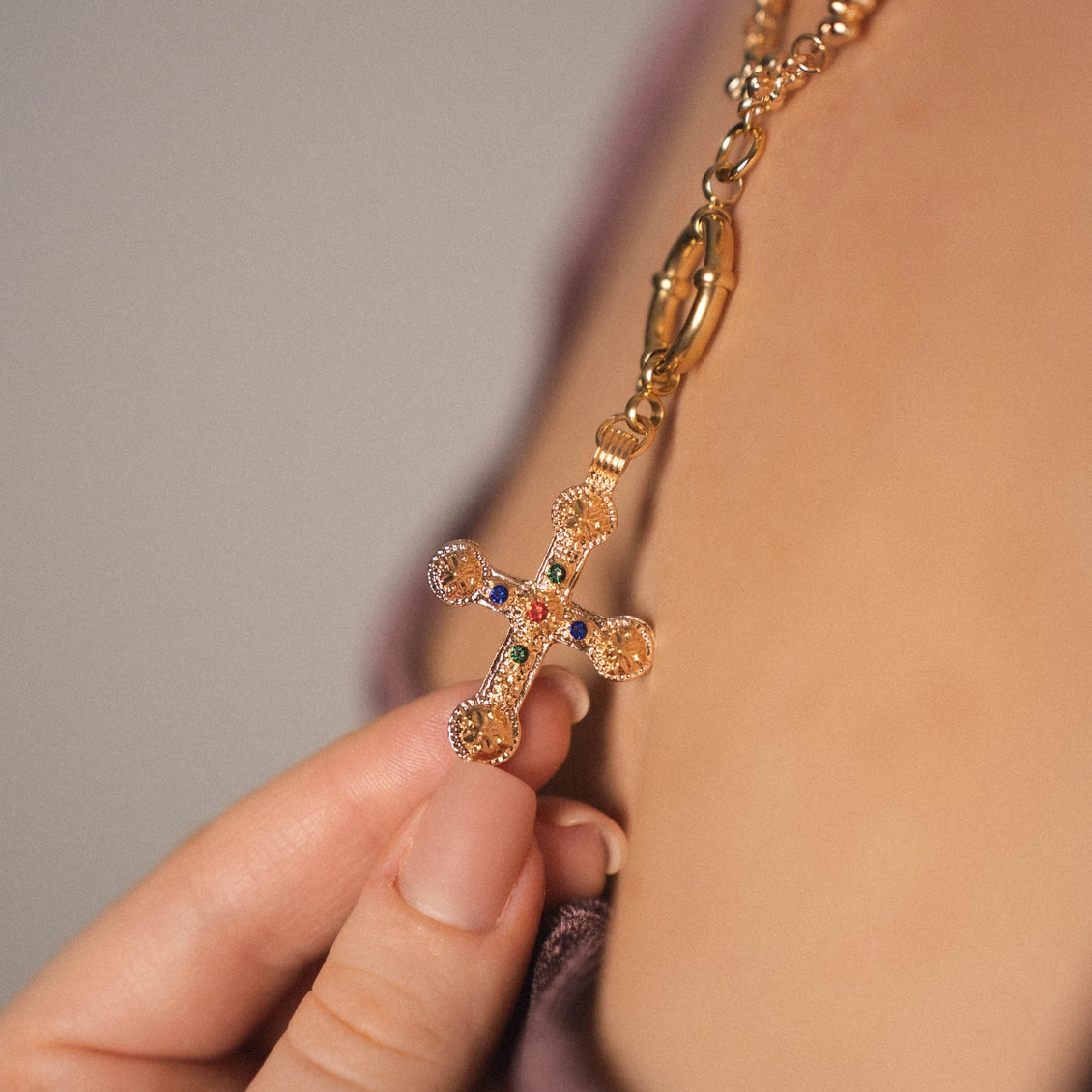 Byzantine Cross Necklace – Gold-Plated Stainless Steel with Multicolored Crystals