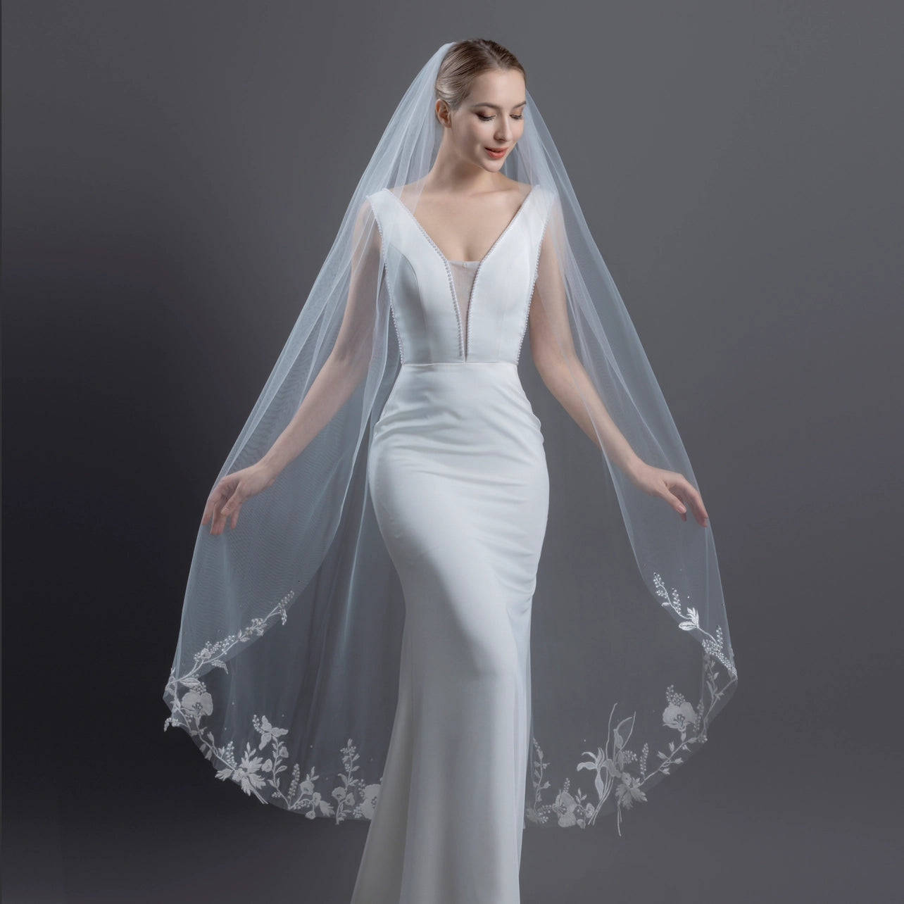 Floral Embroidered Lace Crystals Bridal Veil 54" X 60" - Ivory