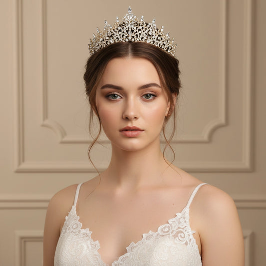 Woman wearing a sparkling tiara against a beige wall