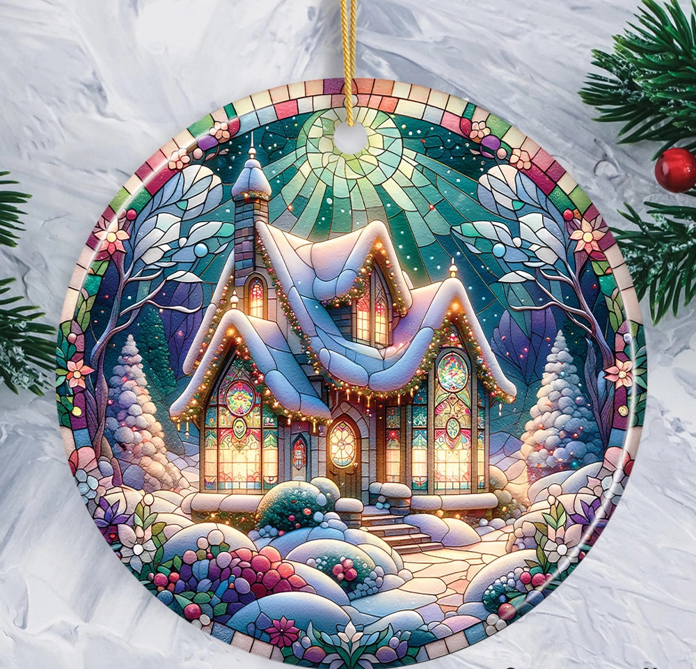Cottage Stained Glass Style Ceramic Ornament