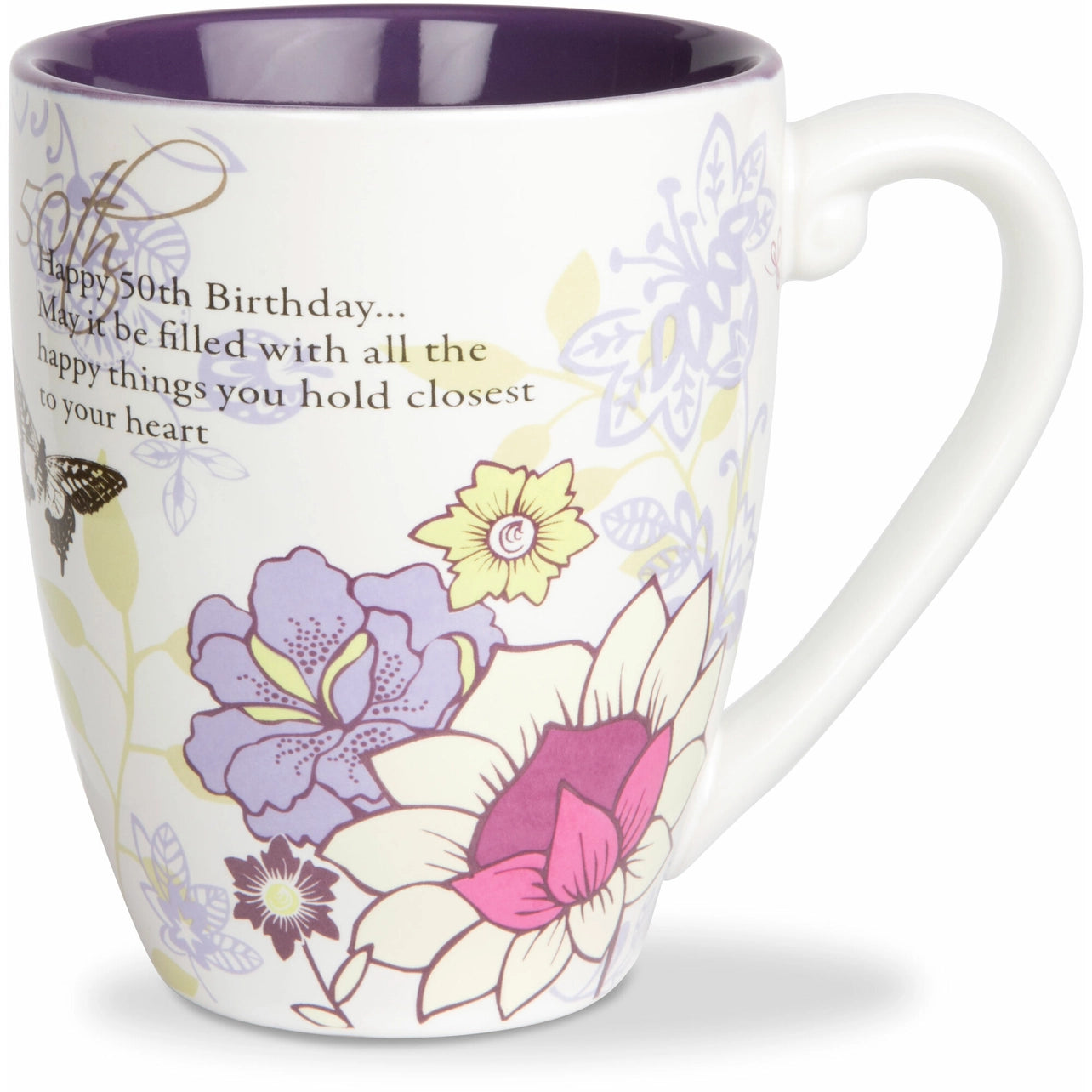 Mug with floral design and birthday message on a white background