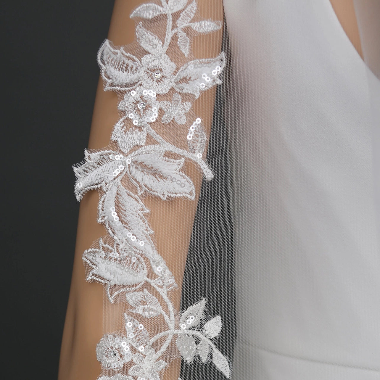 Floral Vine Embroidered Lace Rhinestones Veil 42" X 60" - Ivory