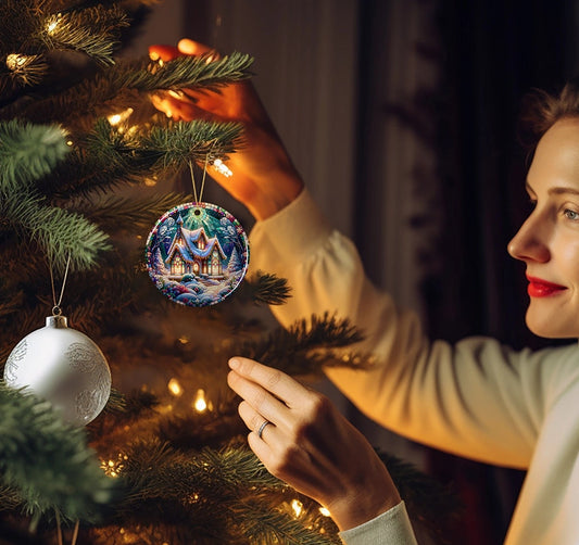 Cottage Stained Glass Style Ceramic Ornament