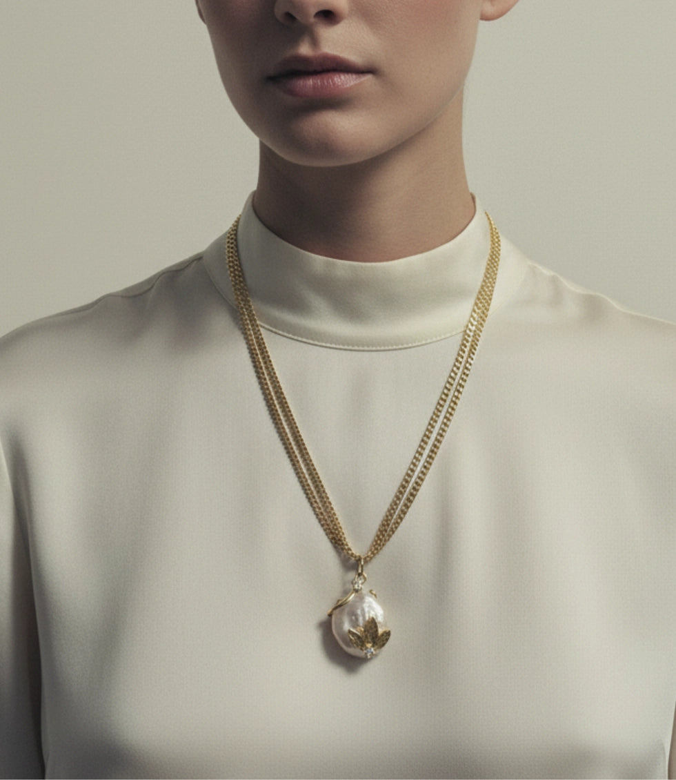 Double Chain Necklace with Baroque Pearl | 18K Gold Plated