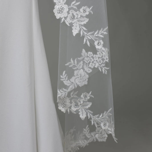 Floral Embroidered Lace Mantilla Bridal Veil 60" X 72" - Ivory