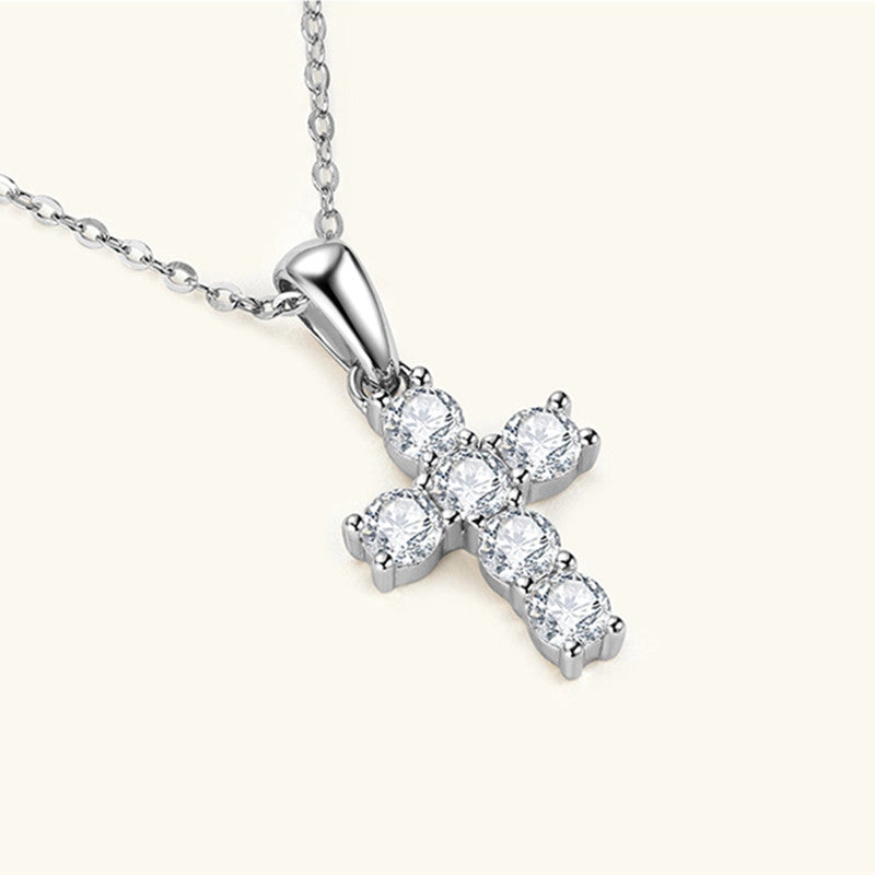 Round Cut Moissanite Cross Necklace in 925 Sterling Silver