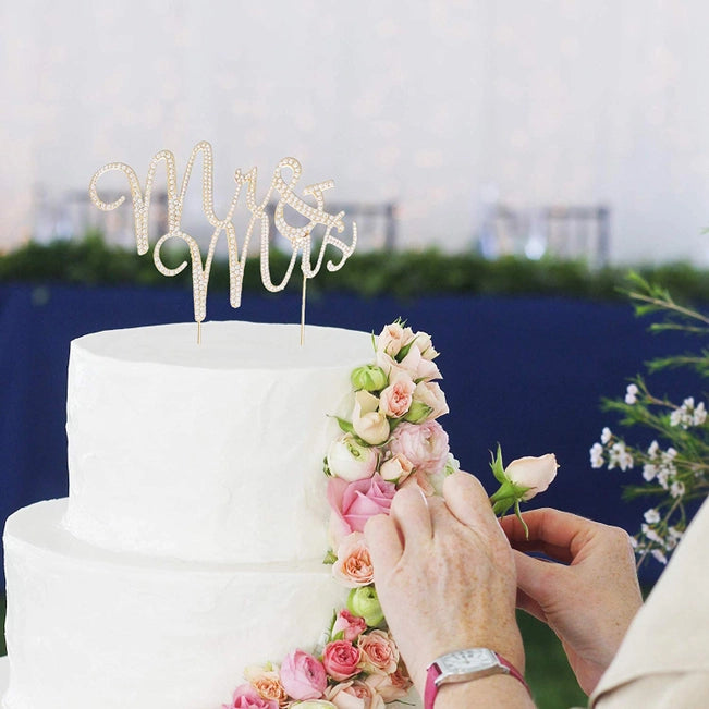 Mr & Mrs Cursive Gold Crystal Cake Topper