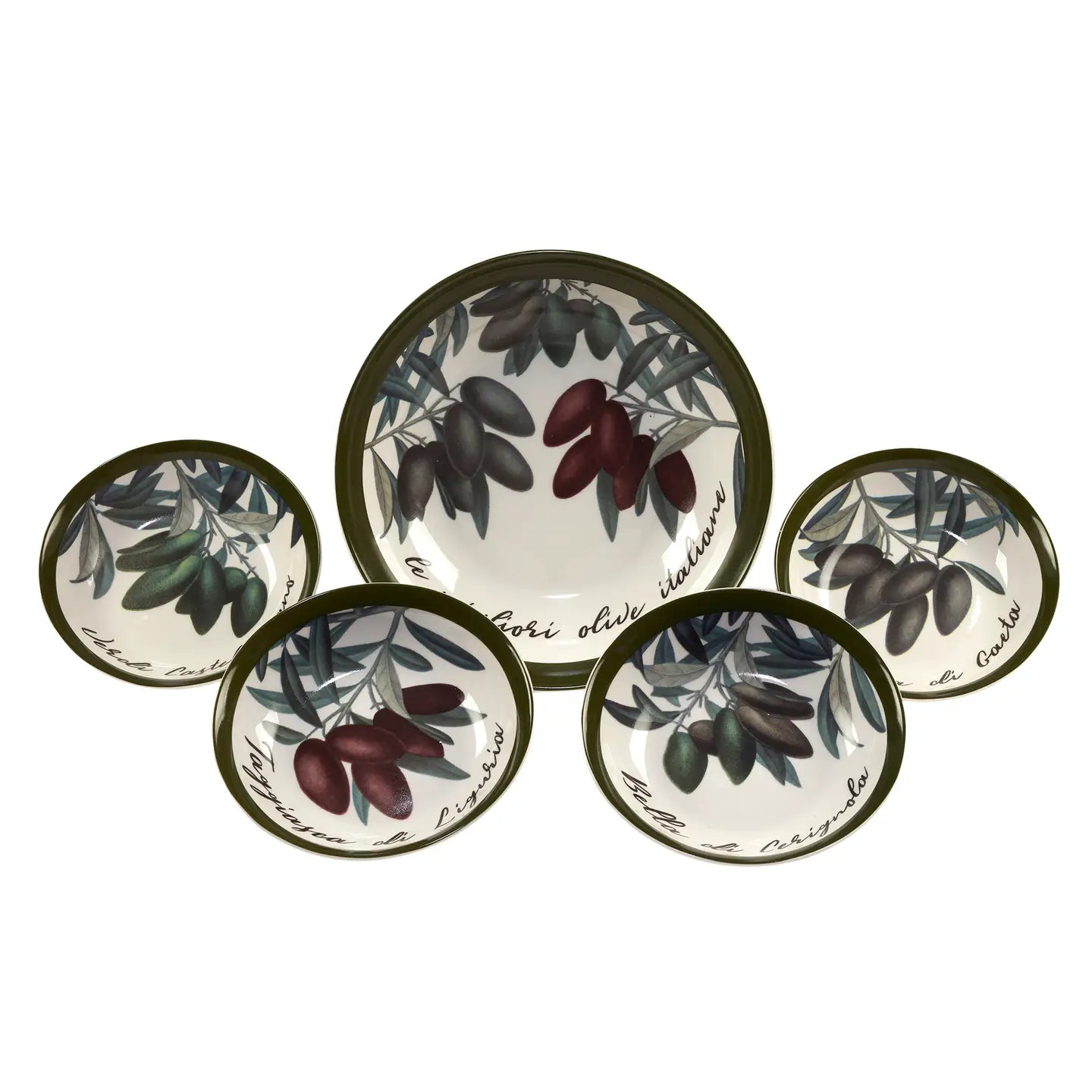 Set of five decorative plates with olive design on a white background