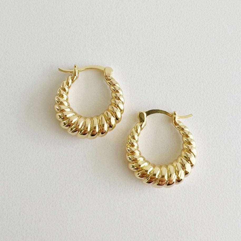 Gold hoop earrings on a light gray background