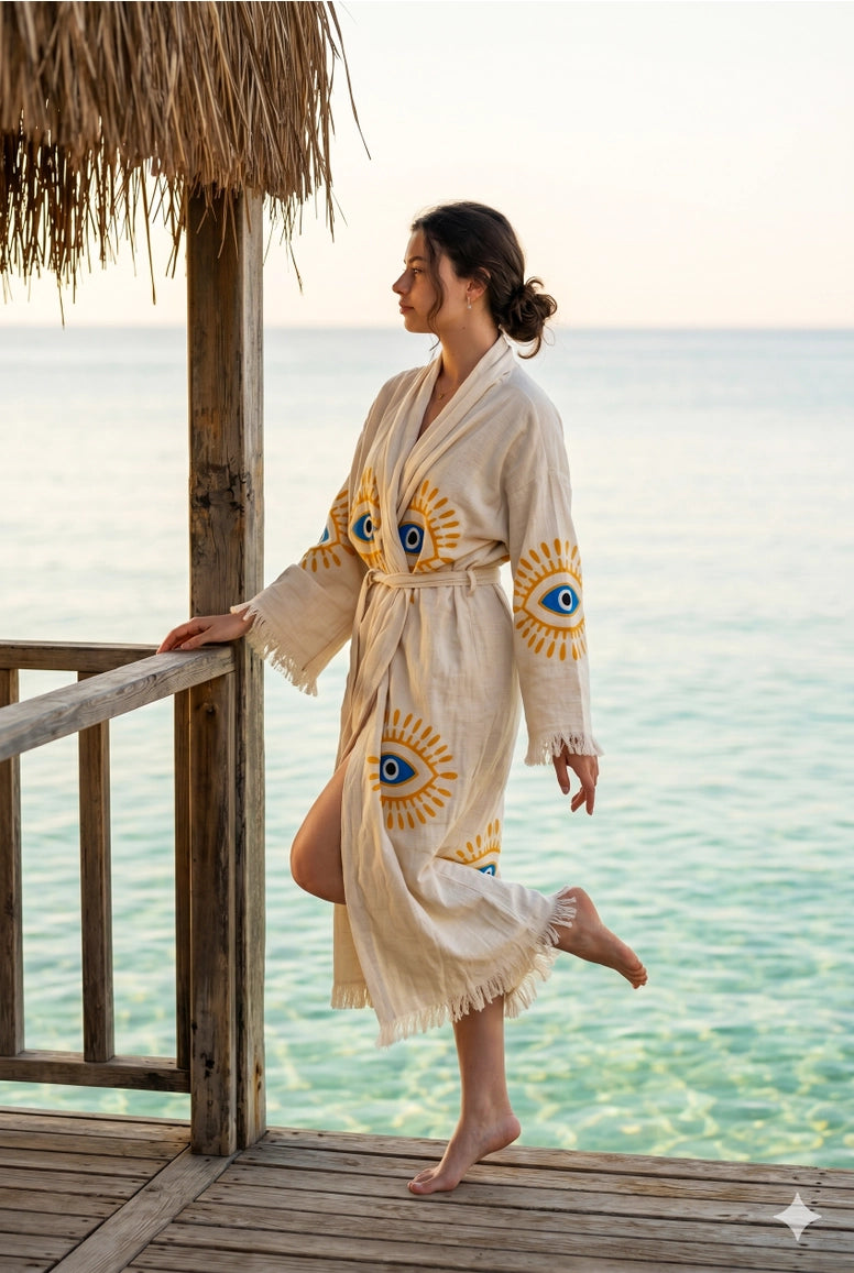 Evil Eye Turkish Cotton Kimono Robe - Lightweight - NY Gift Boutique