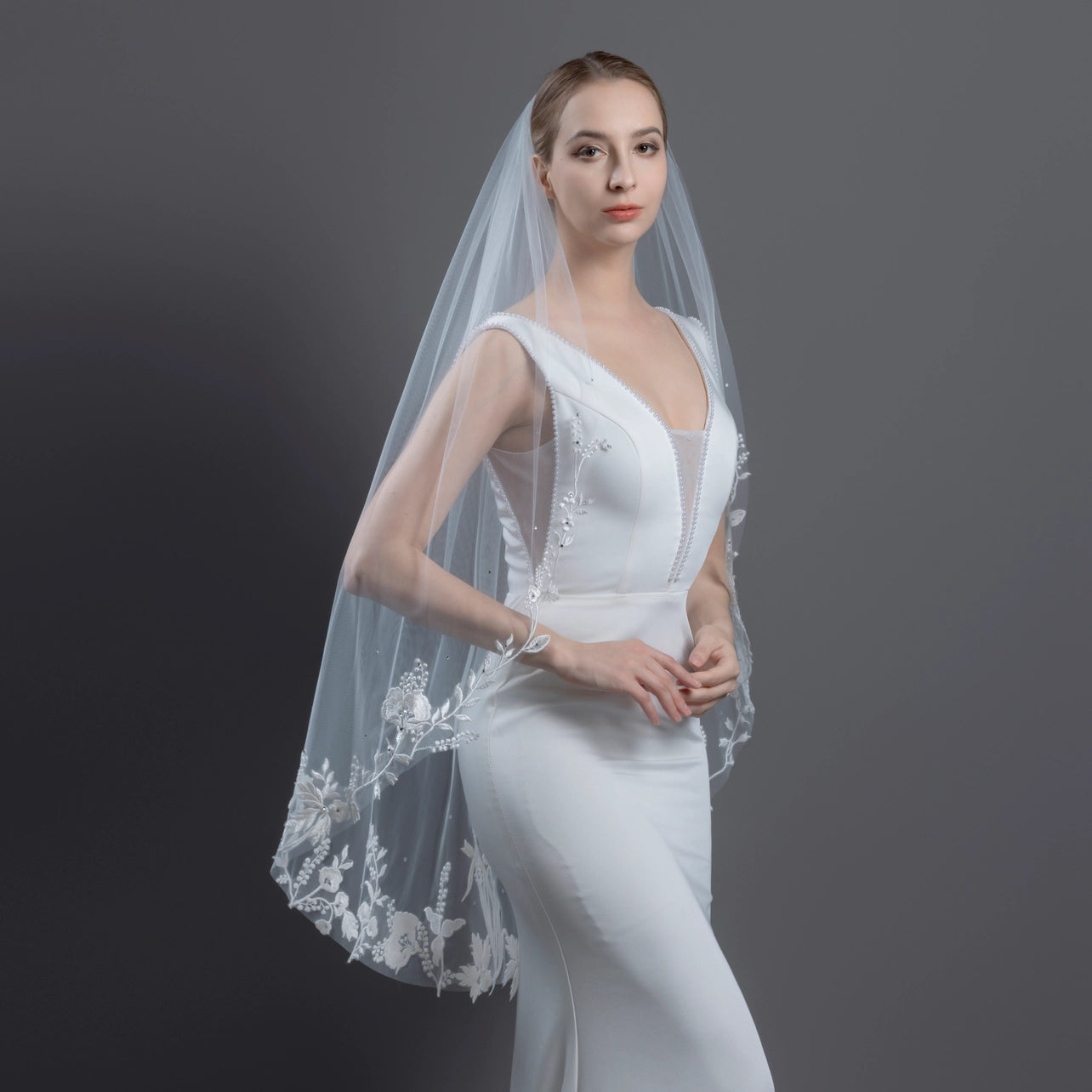 Floral Embroidered Lace Crystals Bridal Veil 42" X 60" - Ivory