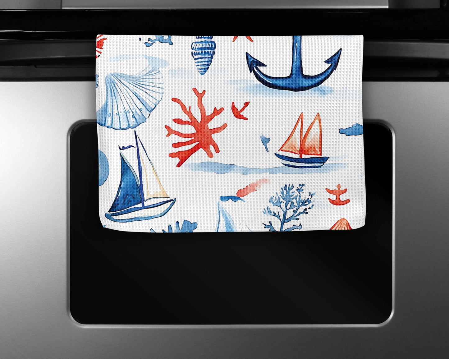 Coral Nautical Anchor Waffle Weave Tea Towel