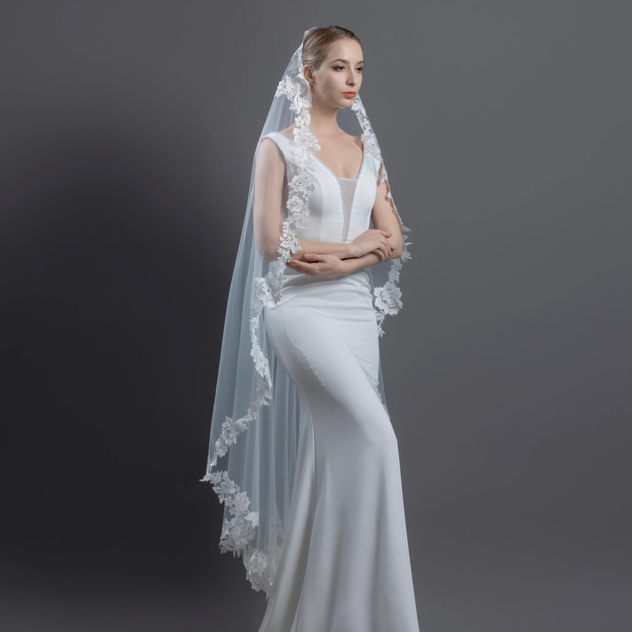 Floral Embroidered Lace Mantilla Veil 60" X 72" - Ivory