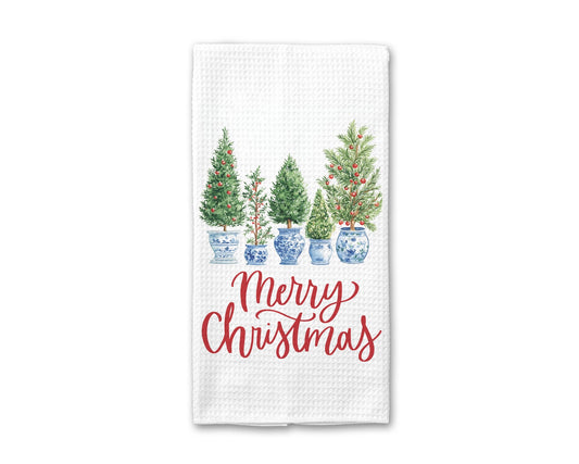 Blue Chinoiserie Christmas Tree Waffle Weave Tea Towel