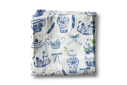 Chinoiserie Blue Floral Vase Waffle Weave Towel
