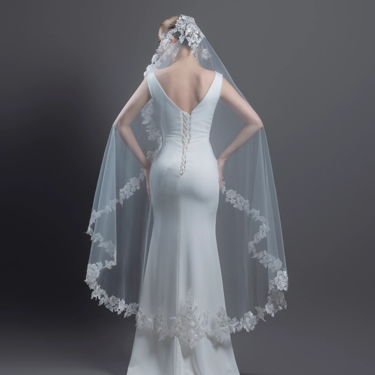 Floral Embroidered Lace Mantilla Veil 60" X 72" - Ivory