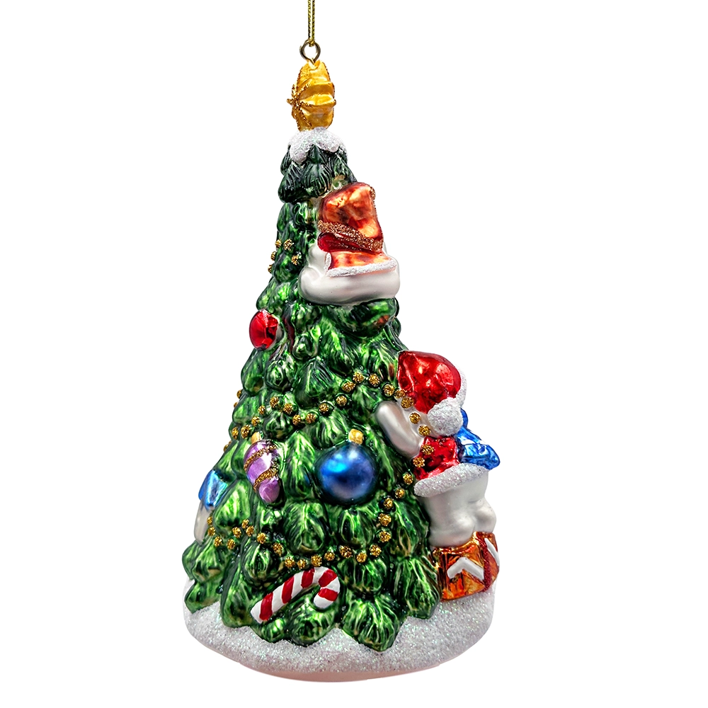 Festive Snowman and Christmas Tree Glass Ornament