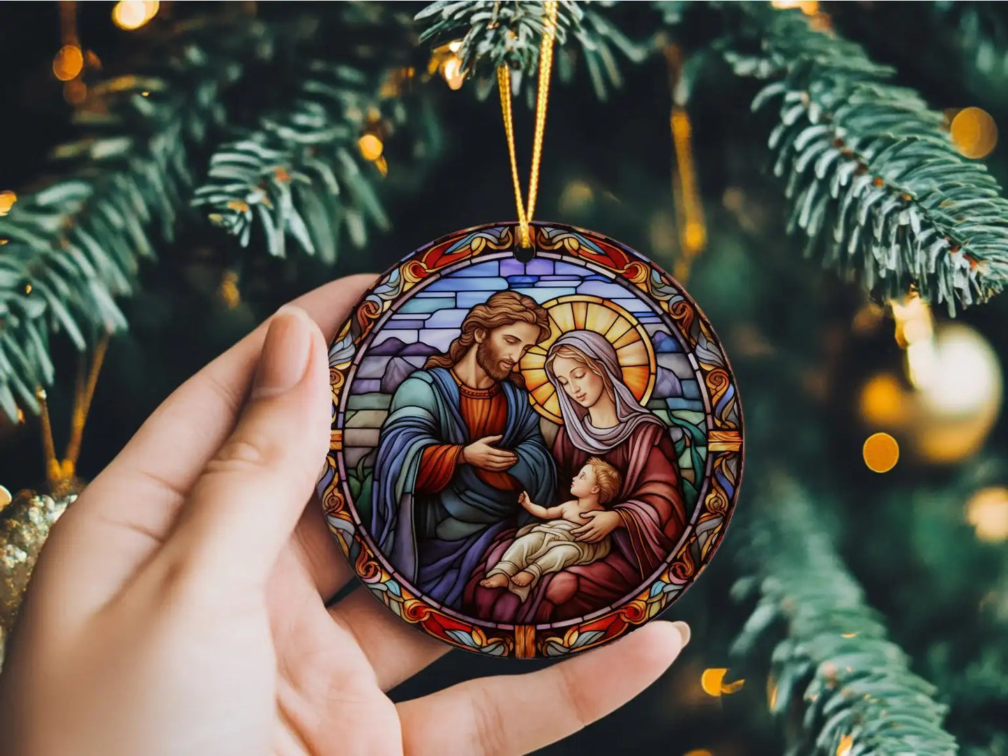 Stained Glass Effect Holy Family Ceramic Disc Ornament