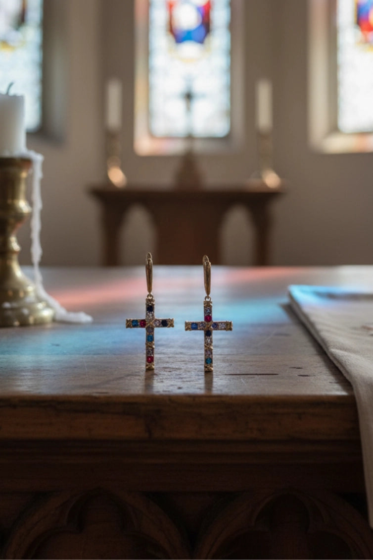 Multicolored Cross Earrings in 18K Gold – Luminous Sacred Elegance