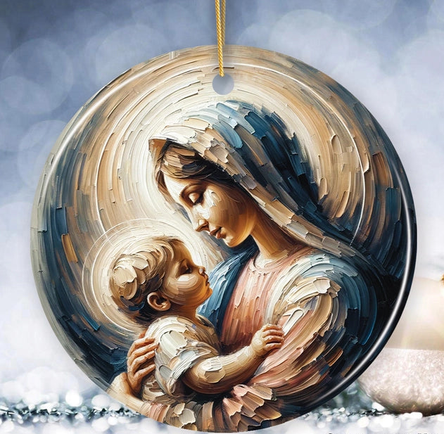 Virgin Mary and Baby Jesus, Oil Painting Style Ceramic Ornament