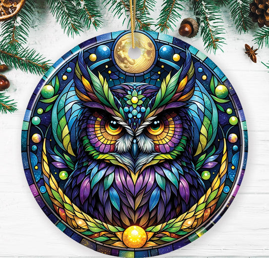 Mysterious Owl Stained Glass Style Ceramic Ornament
