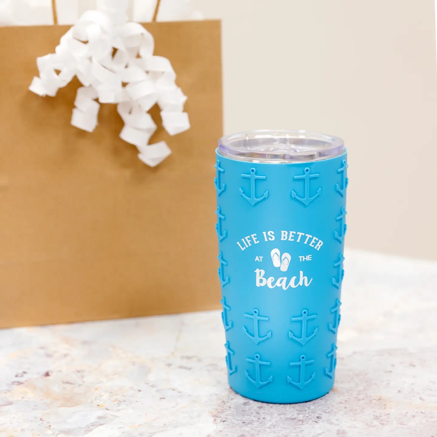 At the Beach - 20 oz Travel Tumbler with 3D Silicone Wrap