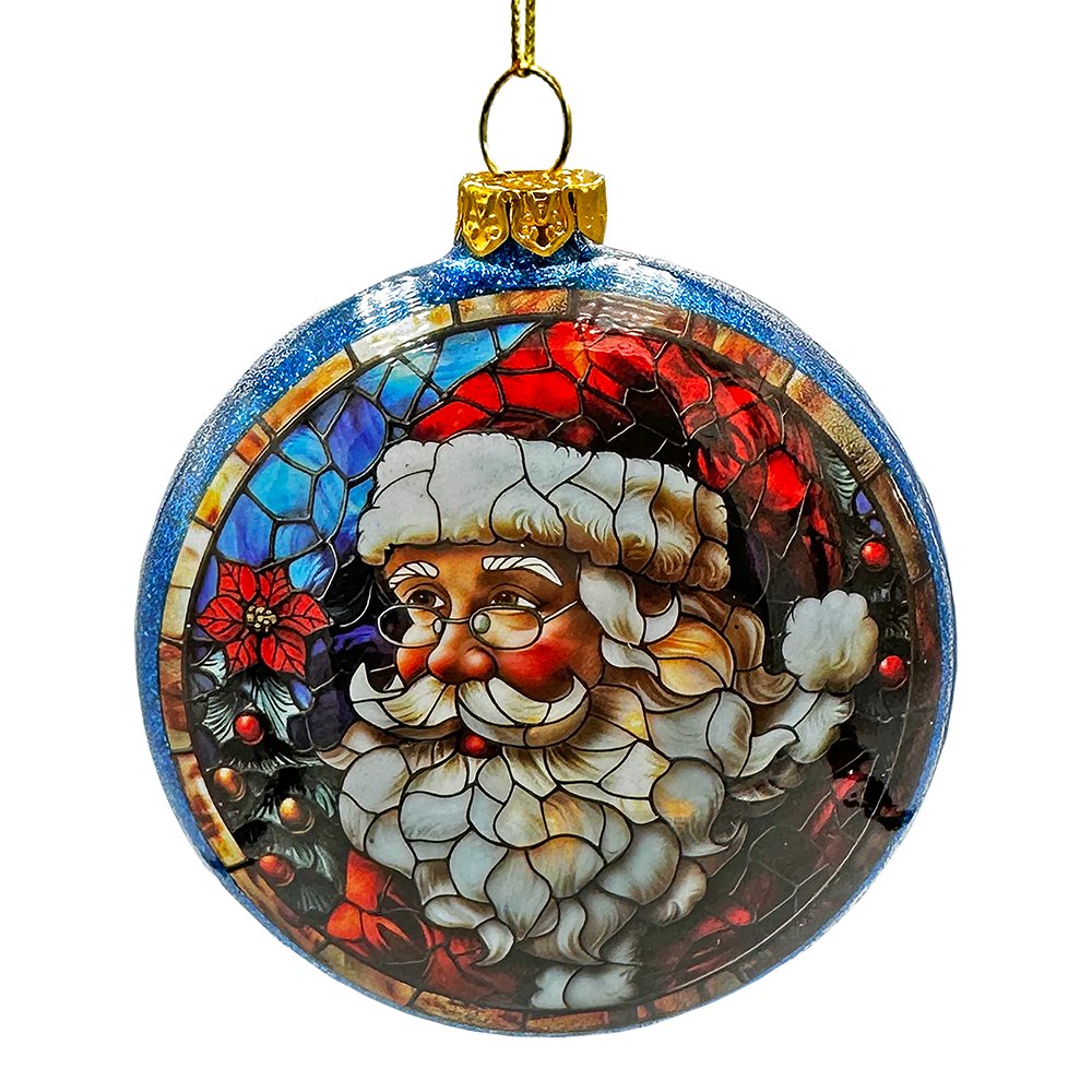 Decorative Christmas ornament with stained glass design of Santa Claus on a white background