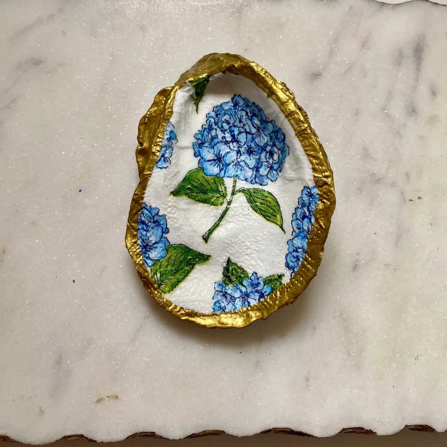 Blue Hydrangea Oyster Shell Jewelry Dish