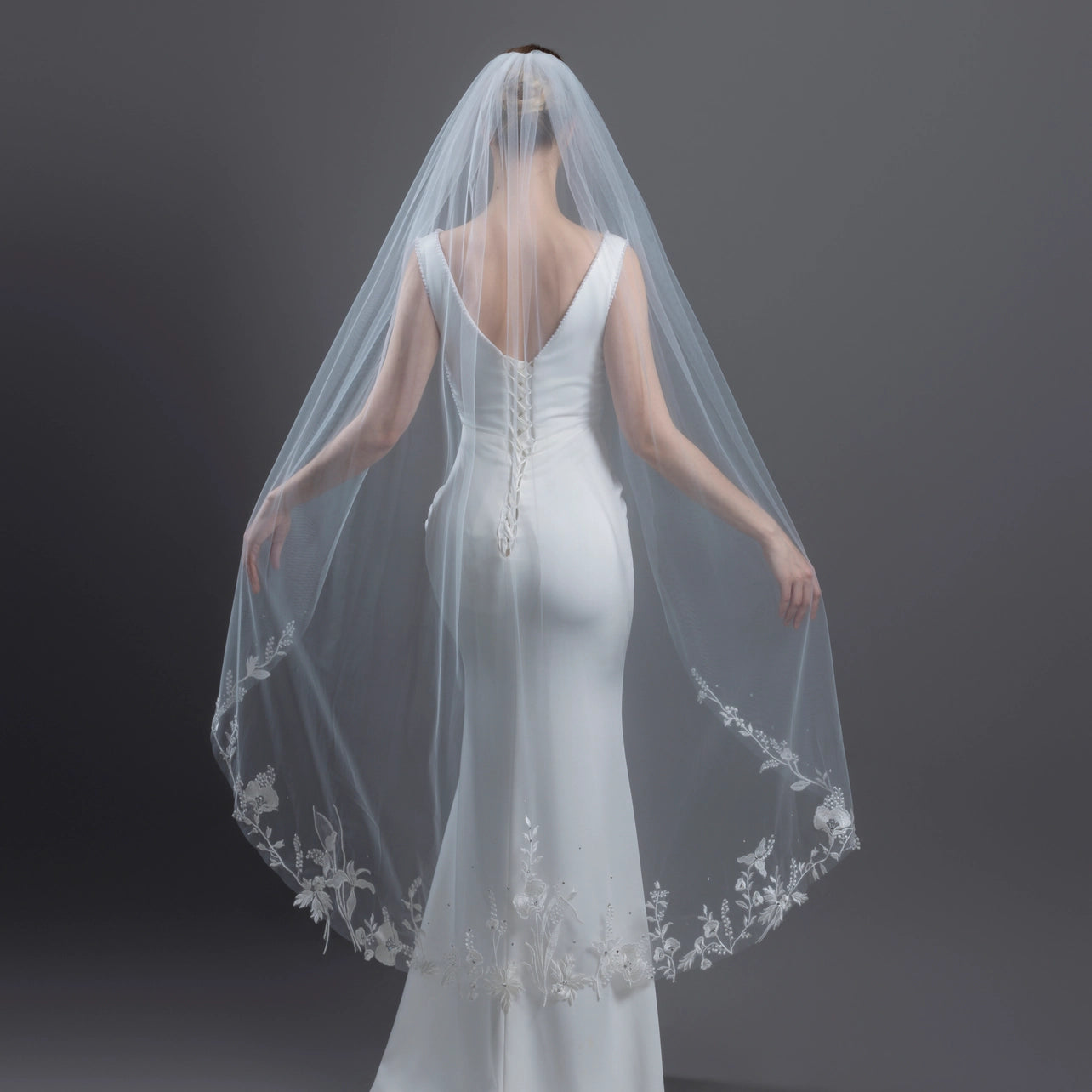 Floral Embroidered Lace Crystals Bridal Veil 54" X 60" - Ivory