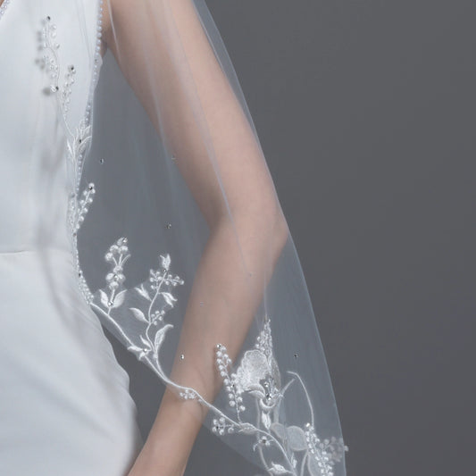 Floral Embroidered Lace Crystals Bridal Veil 42" X 60" - Ivory
