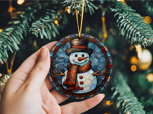 Stained Glass Effect Snowman Ceramic Disc Ornament