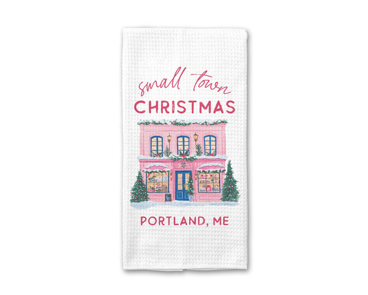Custom Chinoiserie Pink Small Town Christmas Waffle Weave Tea Towel