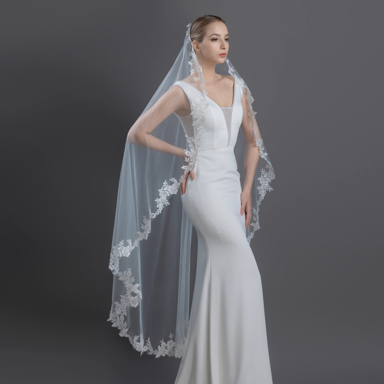 Floral Embroidered Lace Mantilla Bridal Veil 60" X 72" - Ivory