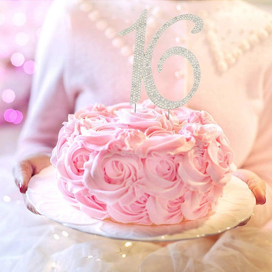 Sweet Sixteen 16 Silver Crystal Cake Topper