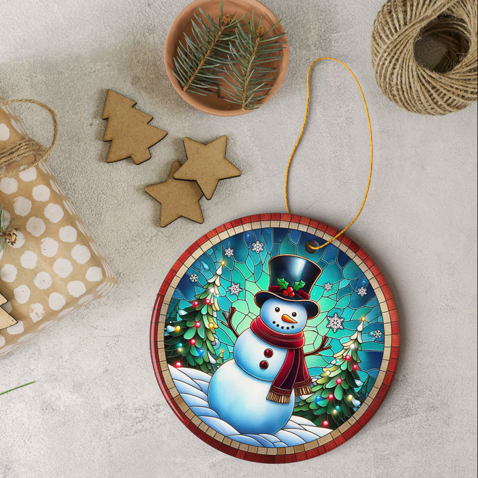 Snowman Window Art Stained Glass Style Ceramic Ornament