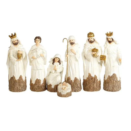 Nativity Set Cream White Wood Look 7Pc 8in