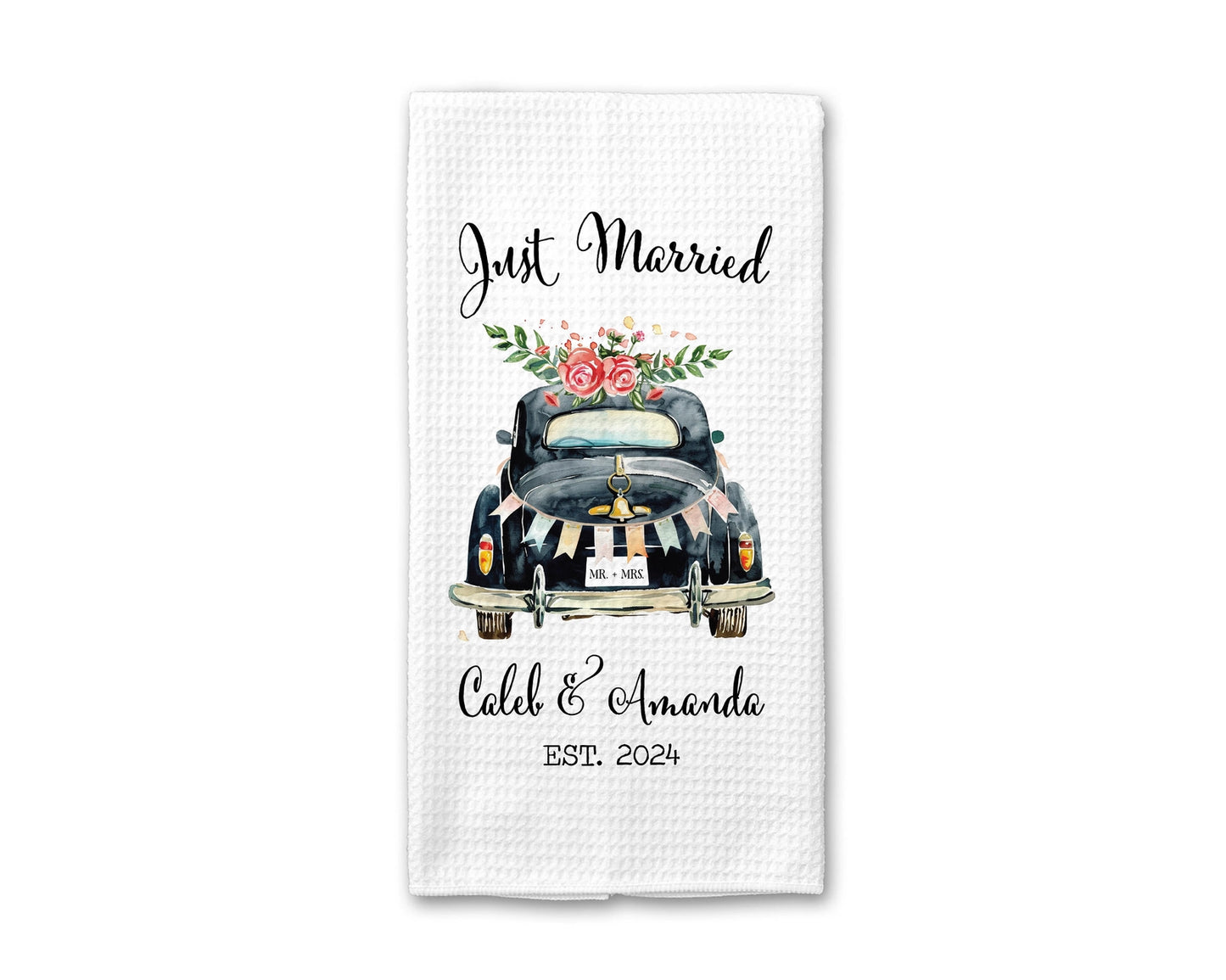 Vintage Car Just Married Waffle Weave Tea Towel
