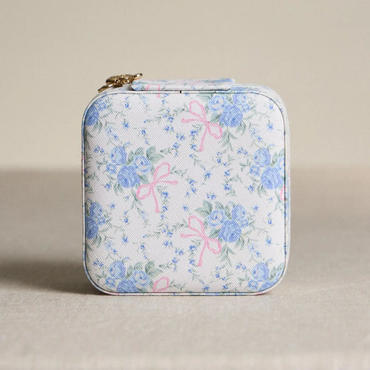 Blue Floral with Pink Bow Jewelry Box - Travel Size