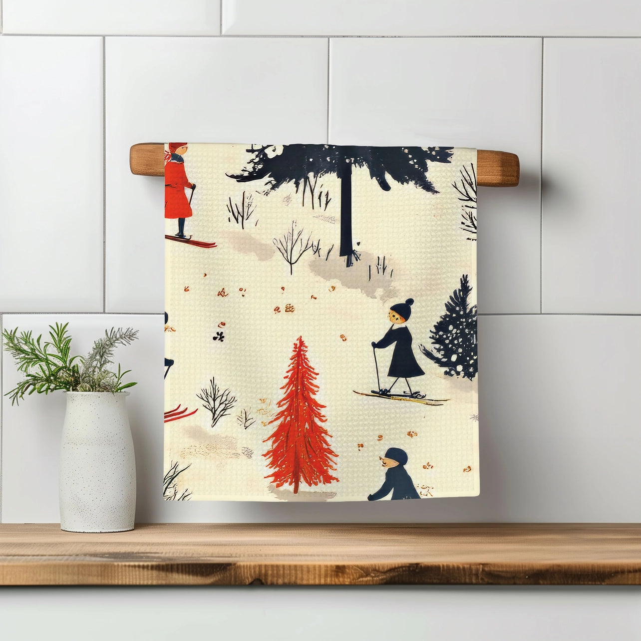 Skiing Mountain Waffle Weave Tea Towel