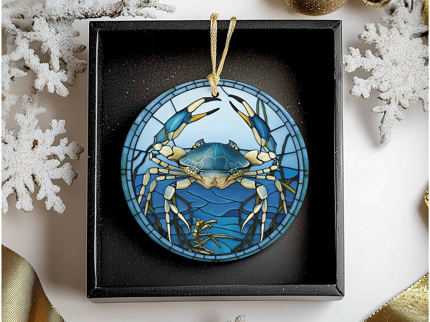 Blue Crab Stain Glass Effect Ceramic Disc Ornament