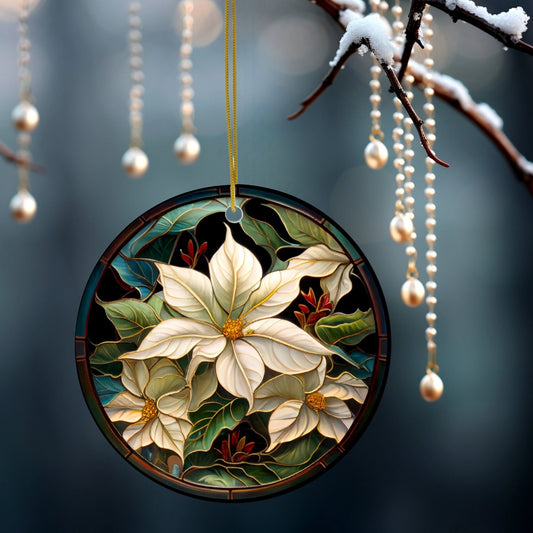 White Poinsettia Ceramic Disc Ornament