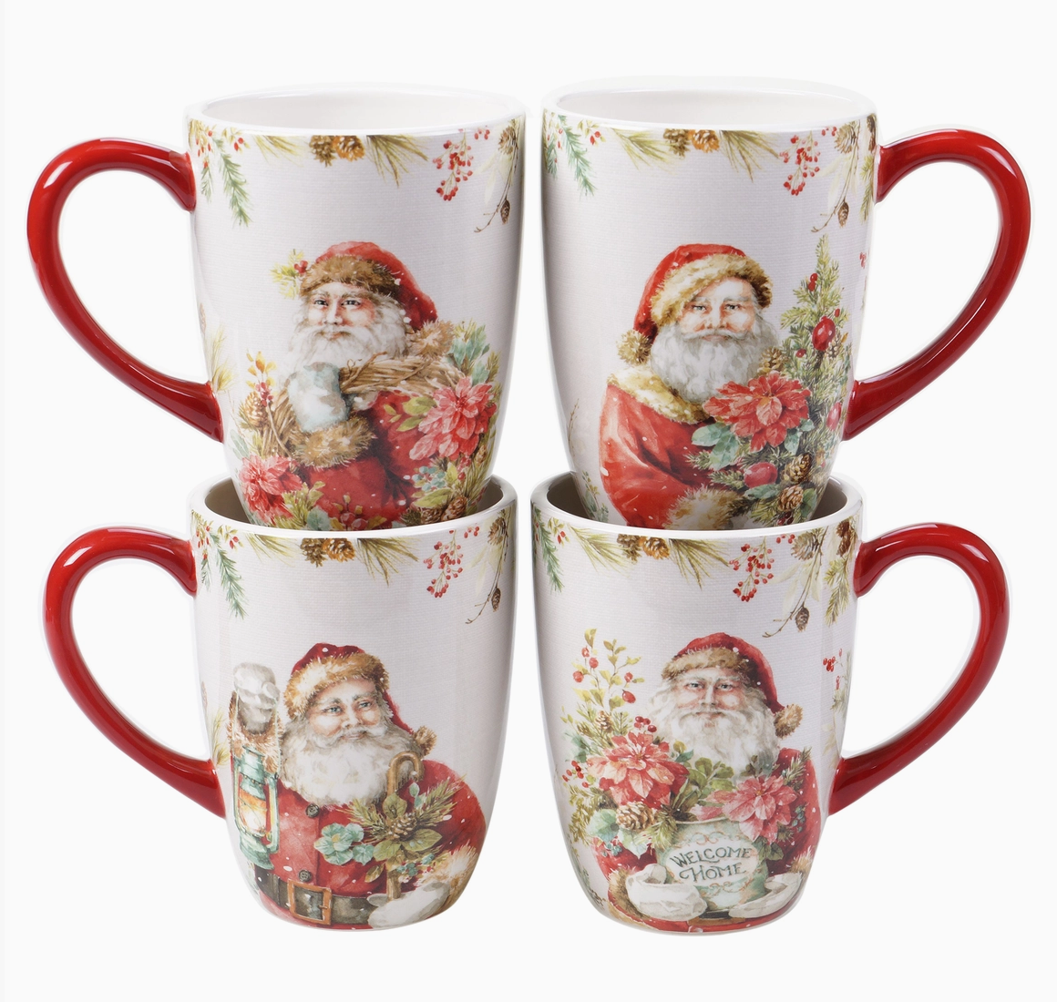Set of A Christmas Story ceramic Christmas mugs showing four assorted vintage Santa watercolor designs with red handles