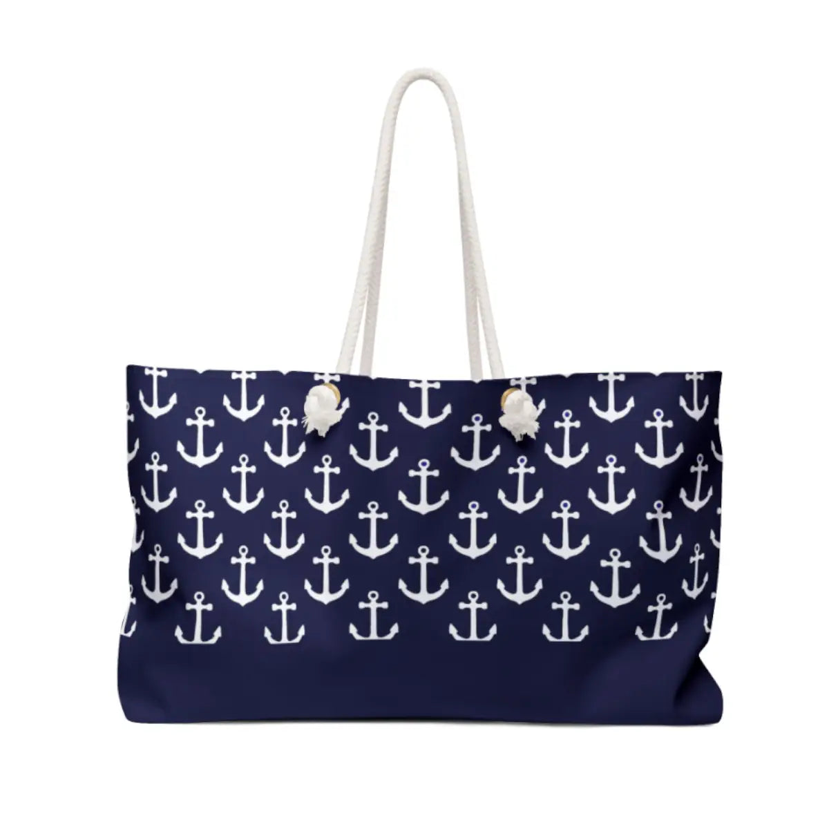 Navy blue tote bag with white anchor pattern on a white background