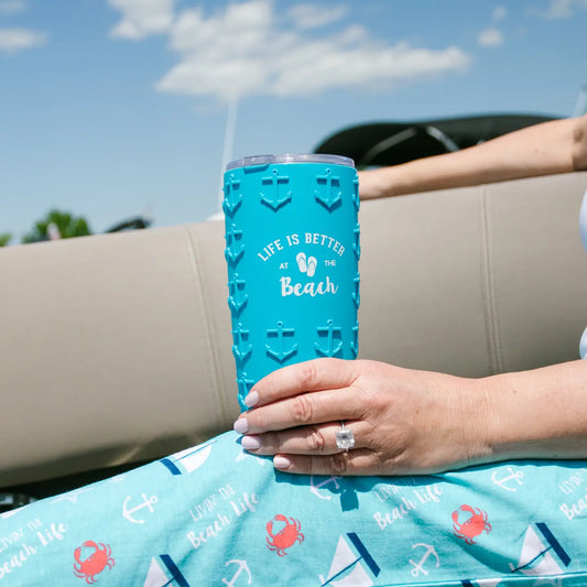 At the Beach - 20 oz Travel Tumbler with 3D Silicone Wrap