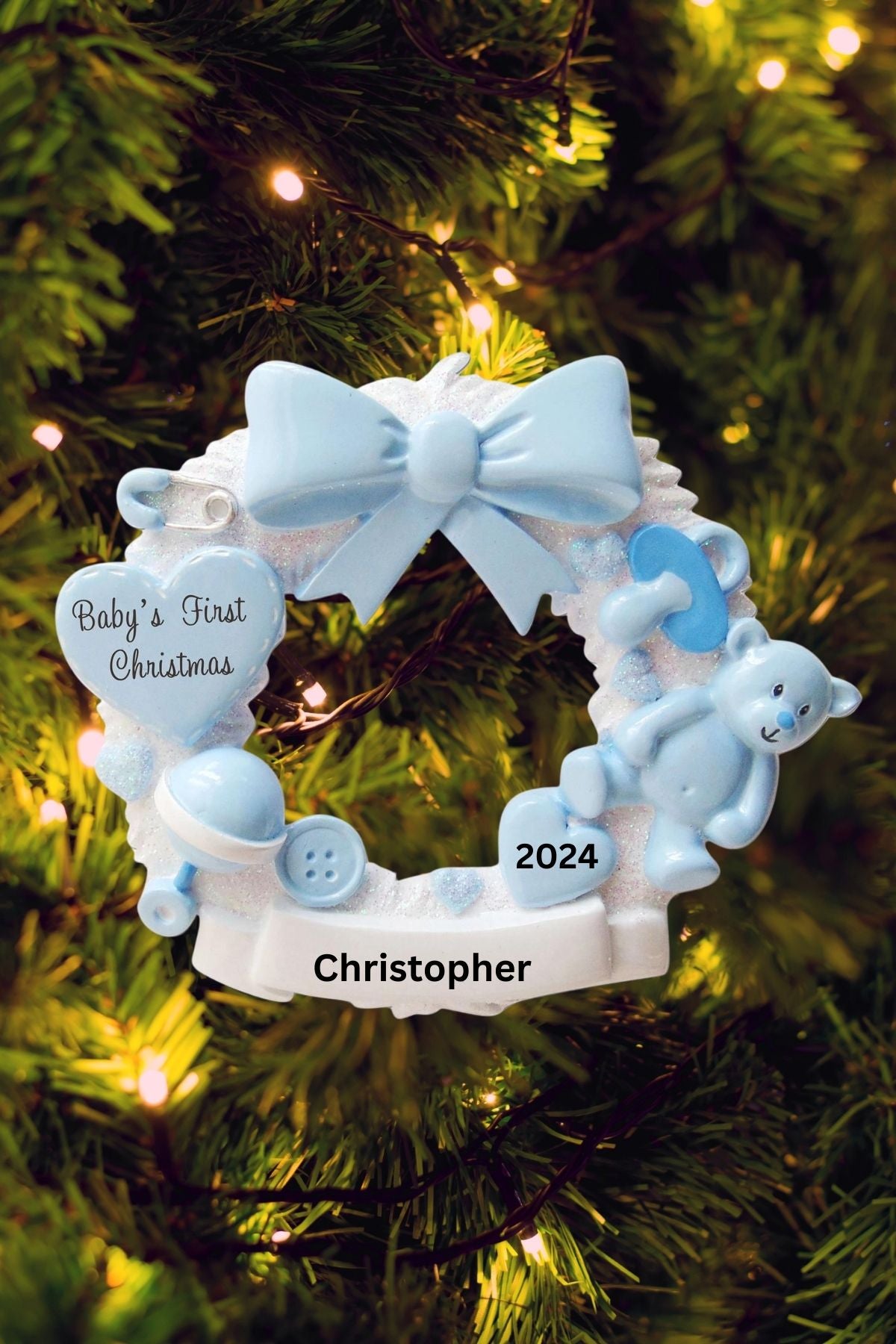 Baby's 1st Christmas Personalized Wreath Ornament- Light Blue