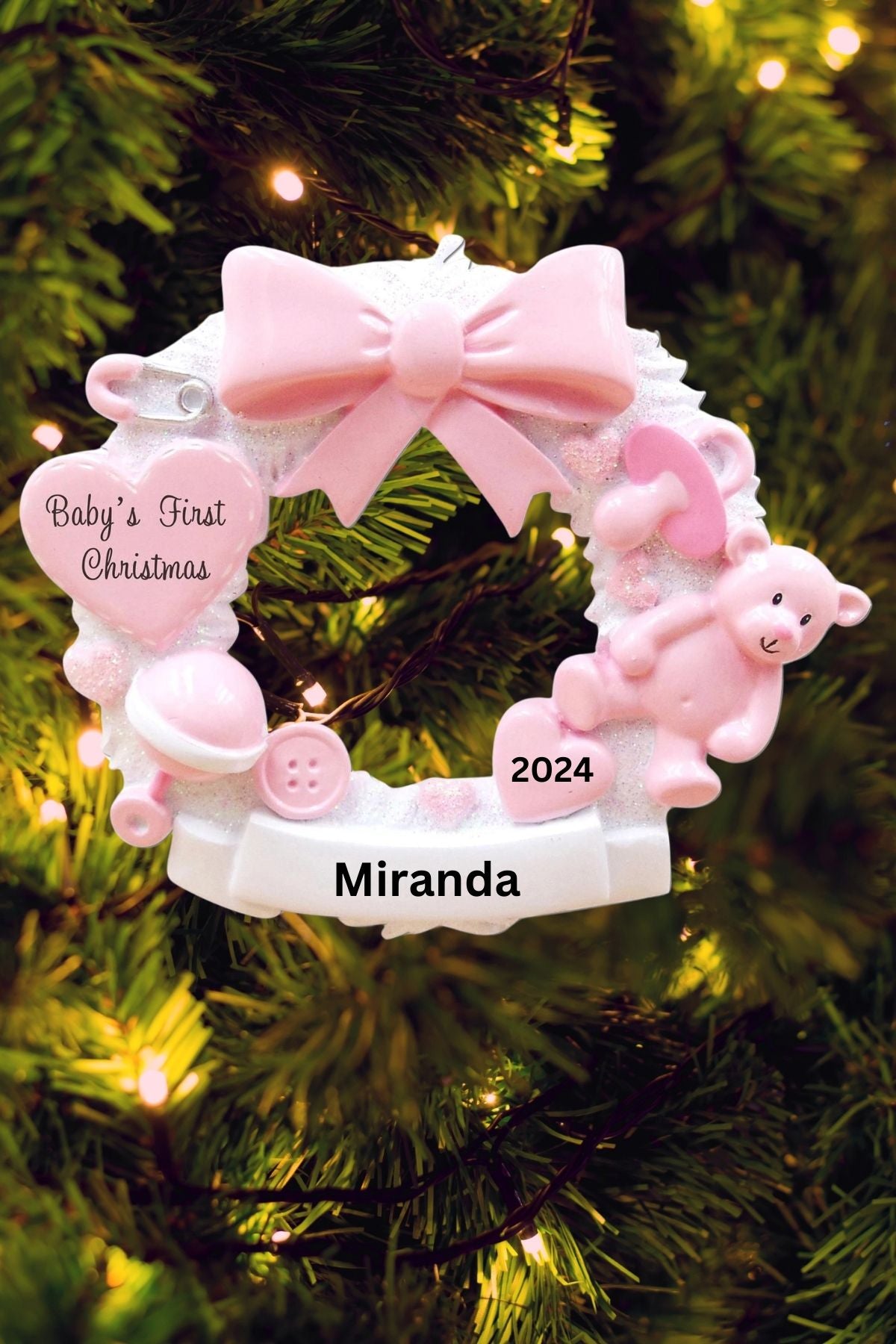 Baby's 1st Christmas Personalized Wreath Ornament - Pink